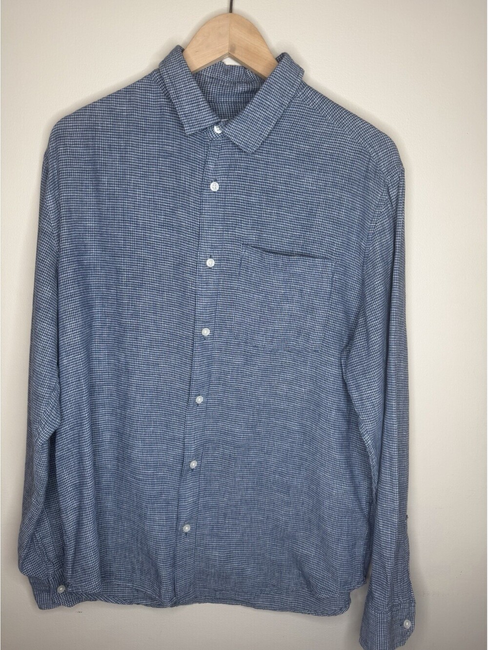 Goodfellow & Co Men’s Button Down Shirt Med Blue Mini Check Linen Blend Long